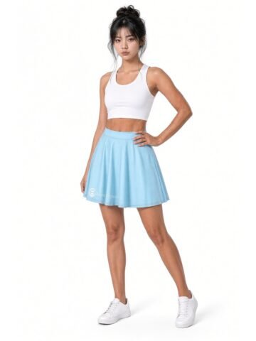 Keanu Logo Skater Skirt — Night Edition in sky blue, worn by model