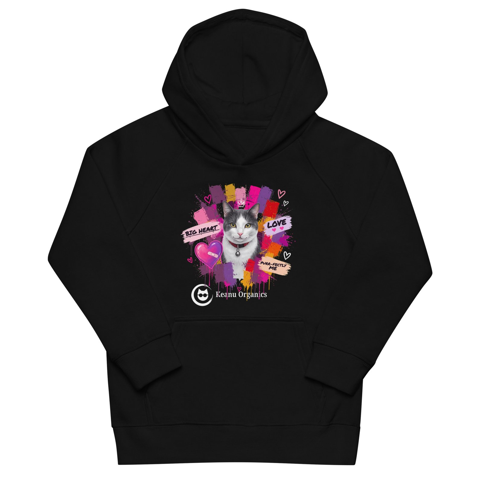 Purr-fectly Me Hoodie front black — Keanu in a crown under BIG HEART, LOVE and PURR-FECTLY ME tags