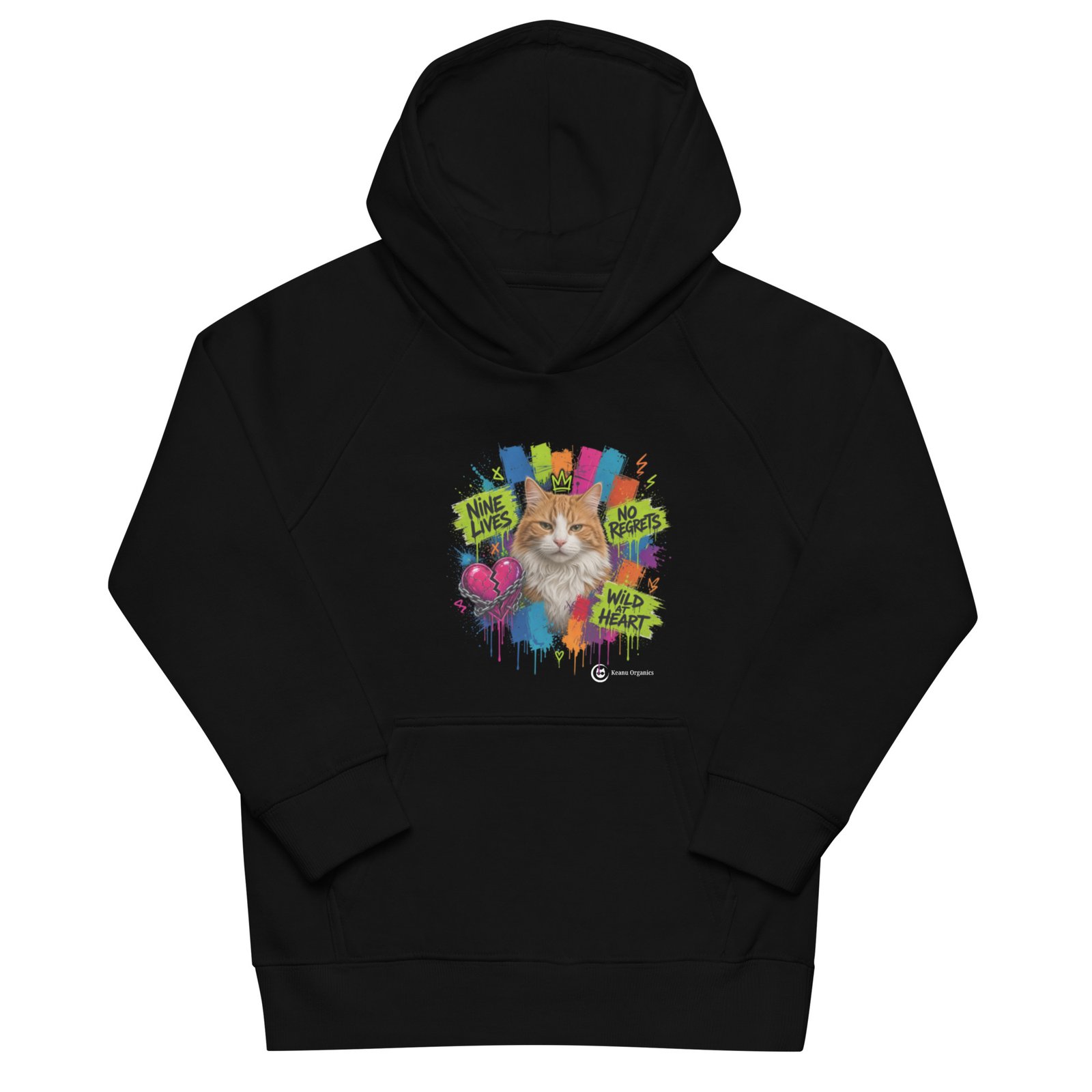 Nine Lives Puddy Tat Hoodie front black — crowned orange Puddy Tat with NINE LIVES, NO REGRETS and WILD AT HEART tags