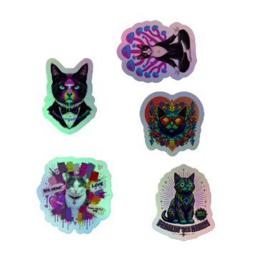 Keanu & Friends Holographic Sticker Set — five holographic kiss-cut stickers: Hypnotic Keanu, Mushroom Meditation, Prism, Purr-fectly Me, and Realm Guardian