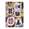 Keanu & Friends Sticker Sheet — five kiss-cut stickers (Hypnotic Keanu, Mushroom Meditation, Prism, Purr-fectly Me, and Realm Guardian) on a background crowded with cats