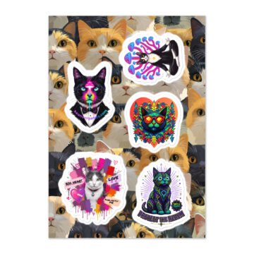 Keanu & Friends Sticker Sheet — five kiss-cut stickers (Hypnotic Keanu, Mushroom Meditation, Prism, Purr-fectly Me, and Realm Guardian) on a background crowded with cats
