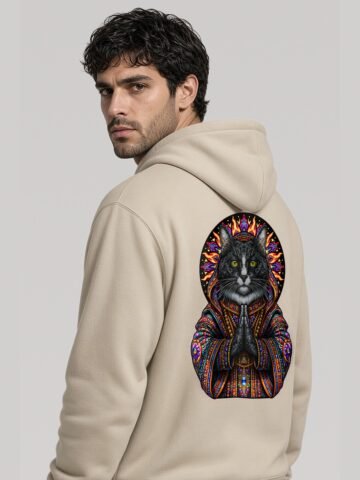 Man wearing the Desert Dust Mahavatar Blessing Heavyweight Hoodie, back view showing the Mahavatar Keanu blessing design