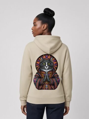 Woman wearing the Desert Dust Mahavatar Blessing Heavyweight Hoodie, back view showing the Mahavatar Keanu blessing design