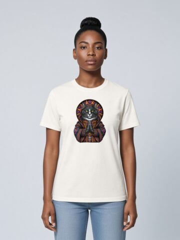Woman wearing the Vintage White Mahavatar Blessing Organic Tee, front view showing the Mahavatar Keanu blessing design
