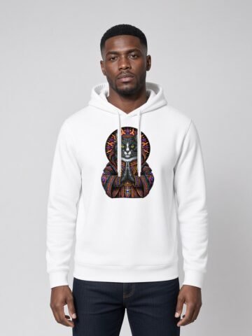 Man wearing the White Mahavatar Blessing Side-Pocket Hoodie, front view showing the Mahavatar Keanu blessing design