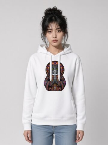 Woman wearing the White Mahavatar Blessing Side-Pocket Hoodie, front view showing the Mahavatar Keanu blessing design