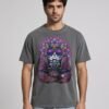 Man wearing the anthracite Mahavatar Keanu Ultra Garment-Dyed Tee — Keanu in purple shades, paws together under a mandala halo
