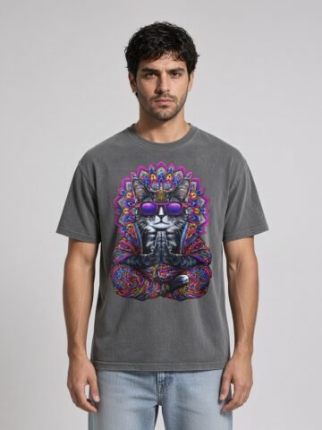 Man wearing the anthracite Mahavatar Keanu Ultra Garment-Dyed Tee — Keanu in purple shades, paws together under a mandala halo