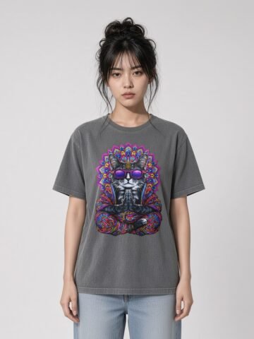 Woman wearing the anthracite Mahavatar Keanu Ultra Garment-Dyed Tee — Keanu in purple shades, paws together under a mandala halo