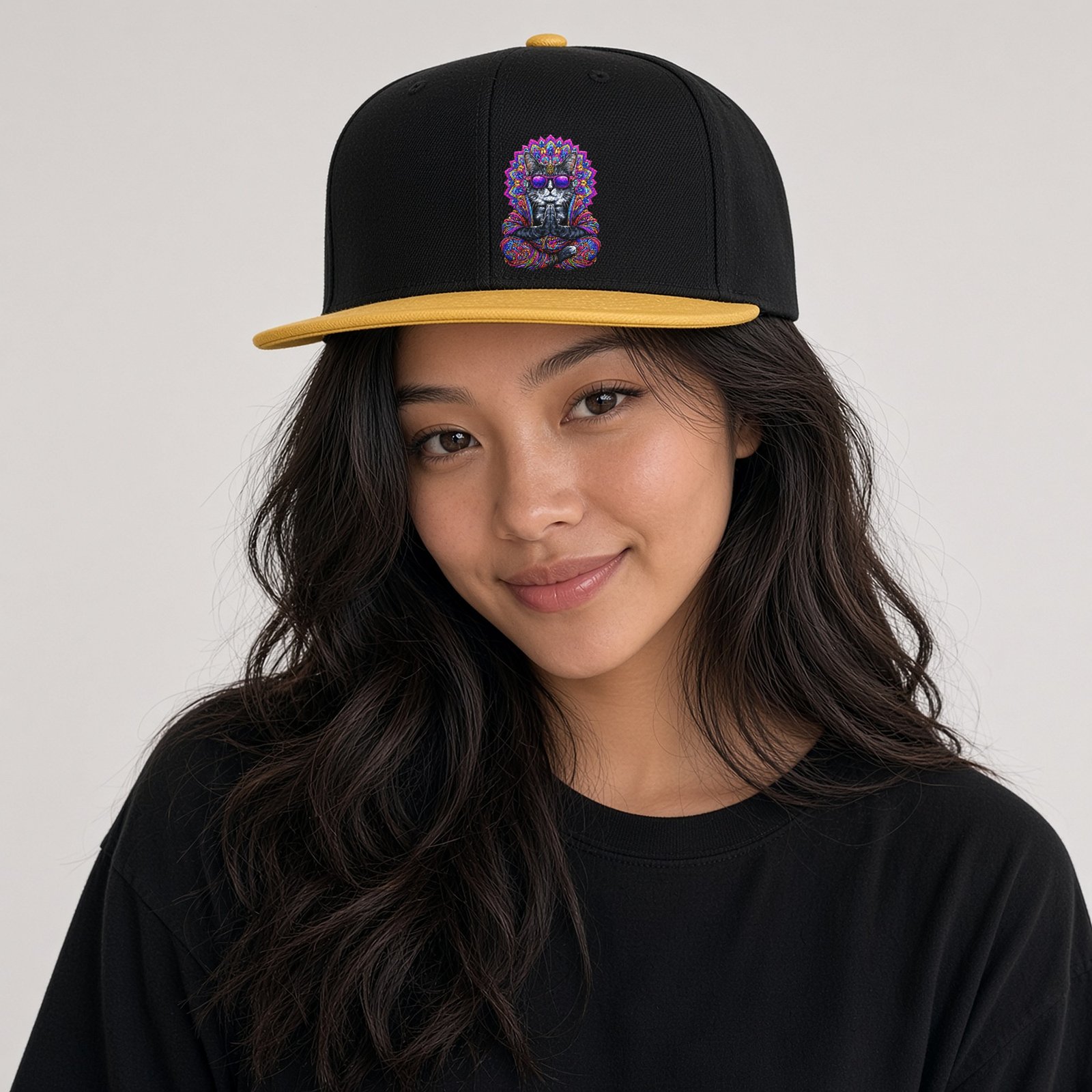 Model wearing the Mahavatar Keanu Ultra Snapback Hat in Gold/Black