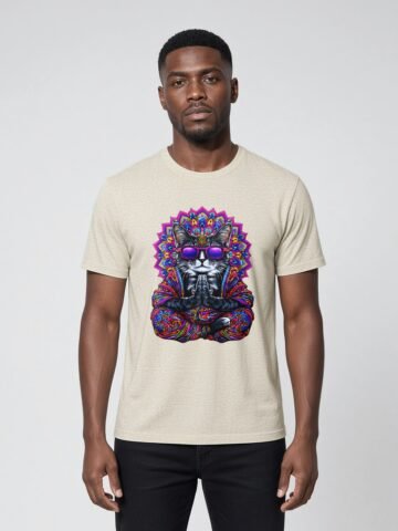 Man wearing the oatmeal Mahavatar Keanu Ultra Tri-Blend Tee — Keanu in purple shades, paws together under a mandala halo