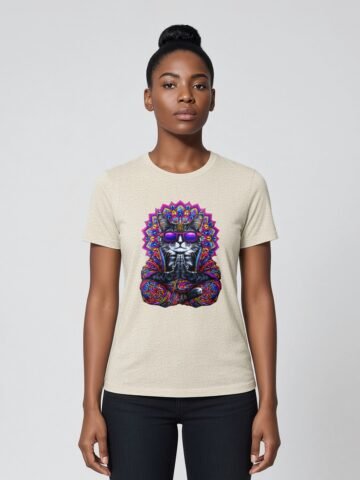 Woman wearing the oatmeal Mahavatar Keanu Ultra Tri-Blend Tee — Keanu in purple shades, paws together under a mandala halo