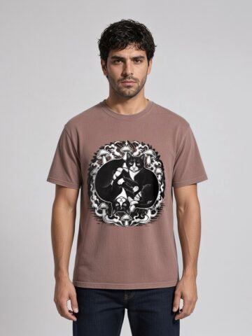 Man wearing the Kaffa Coffee Midnight Curl garment-dyed tee, front view