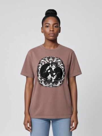 Woman wearing the Kaffa Coffee Midnight Curl garment-dyed tee, front view