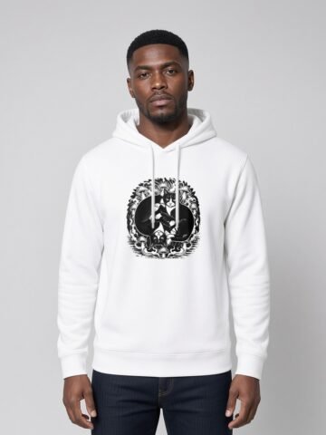 Man wearing the White Midnight Curl side-pocket hoodie, front view