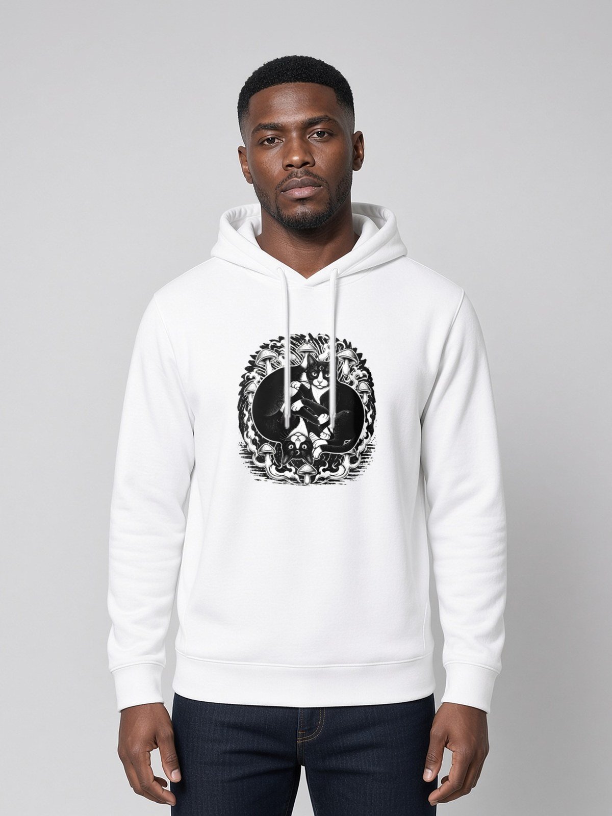 Man wearing the White Midnight Curl side-pocket hoodie, front view