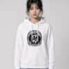 Woman wearing the White Midnight Curl side-pocket hoodie, front view