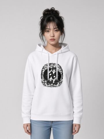 Woman wearing the White Midnight Curl side-pocket hoodie, front view