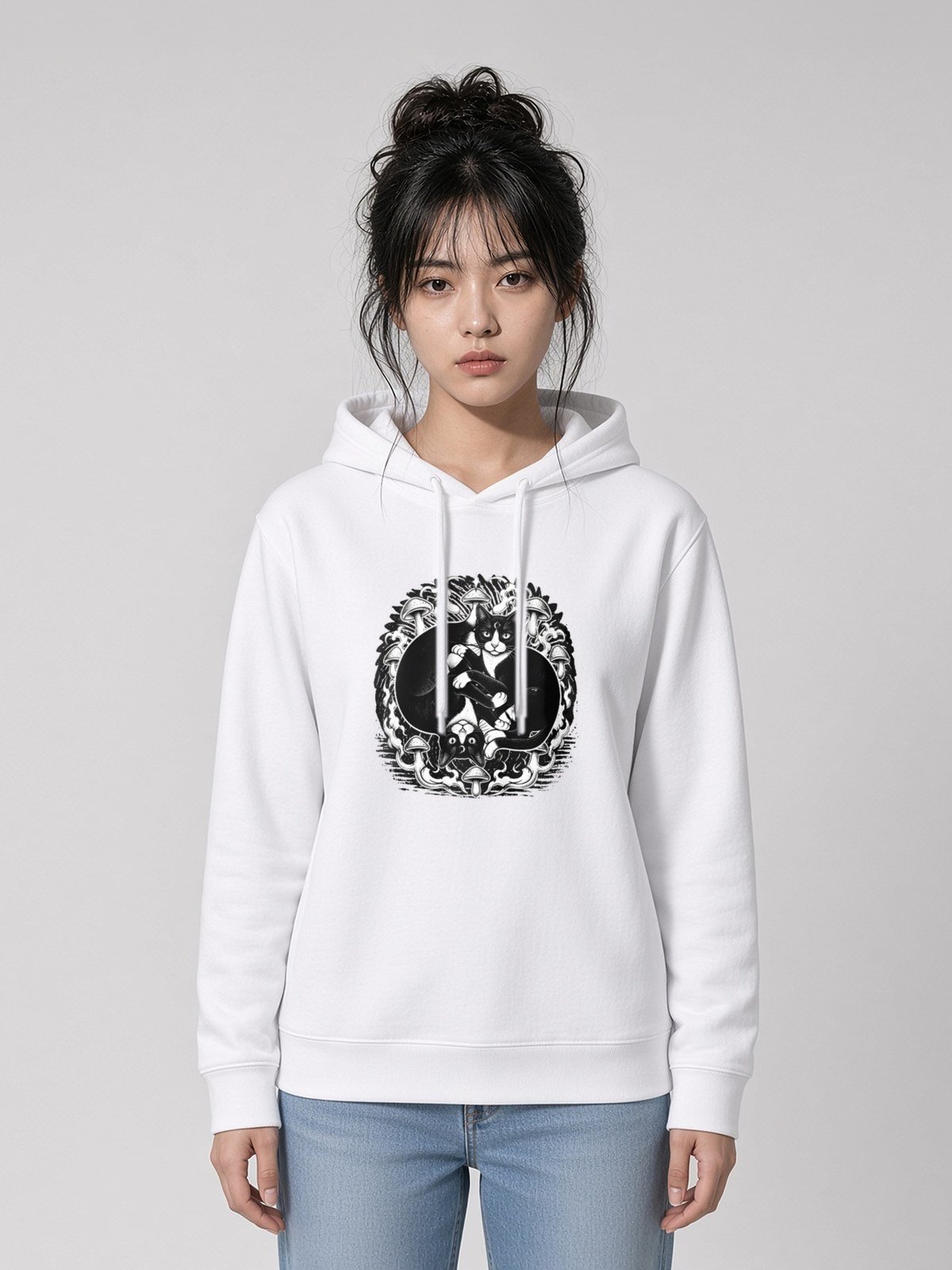 Woman wearing the White Midnight Curl side-pocket hoodie, front view