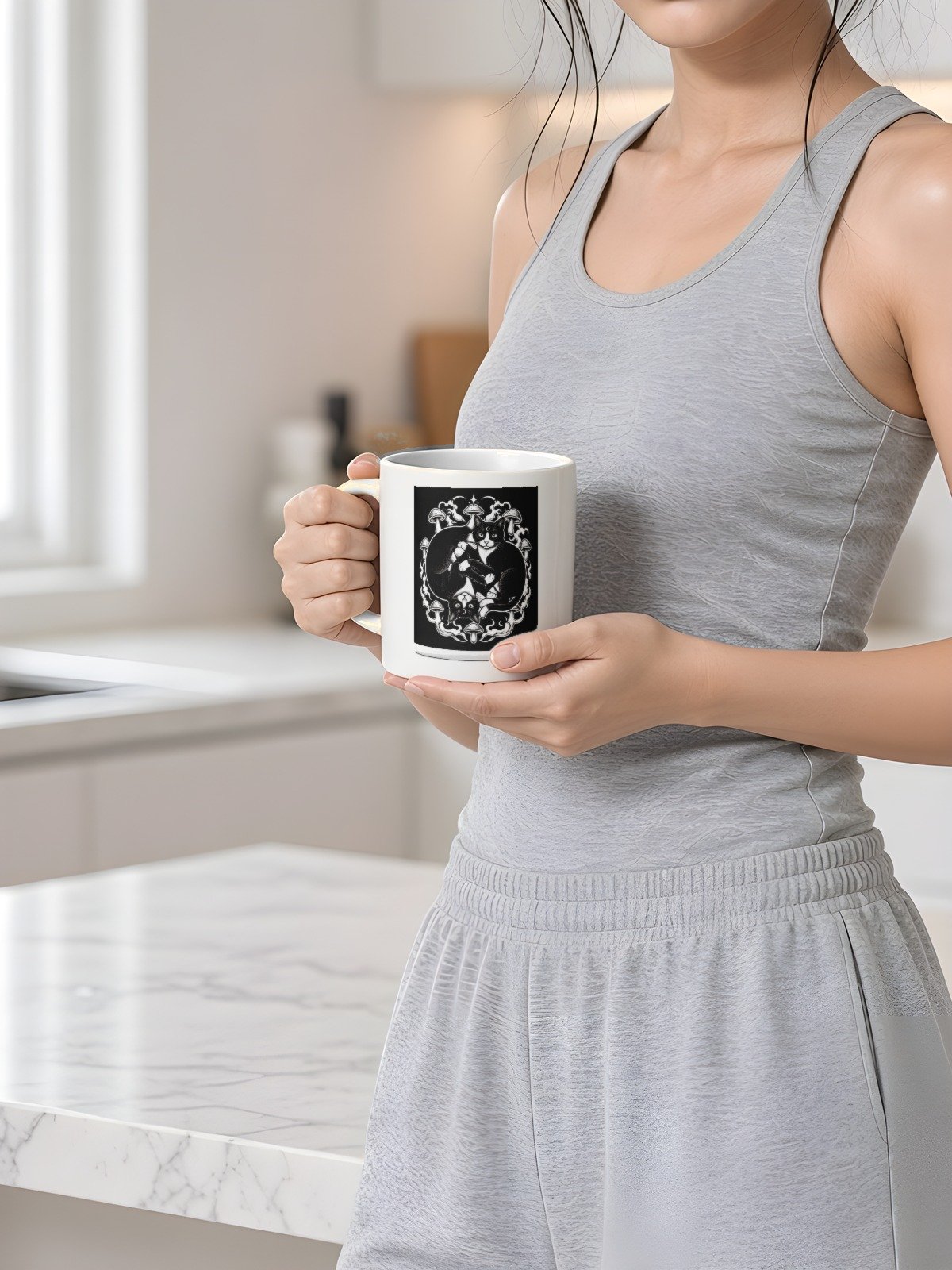 Midnight Curl White Glossy Mug held by model
