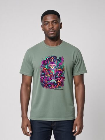 Man wearing the Green Bay Mushroom Guardian garment-dyed tee, front view