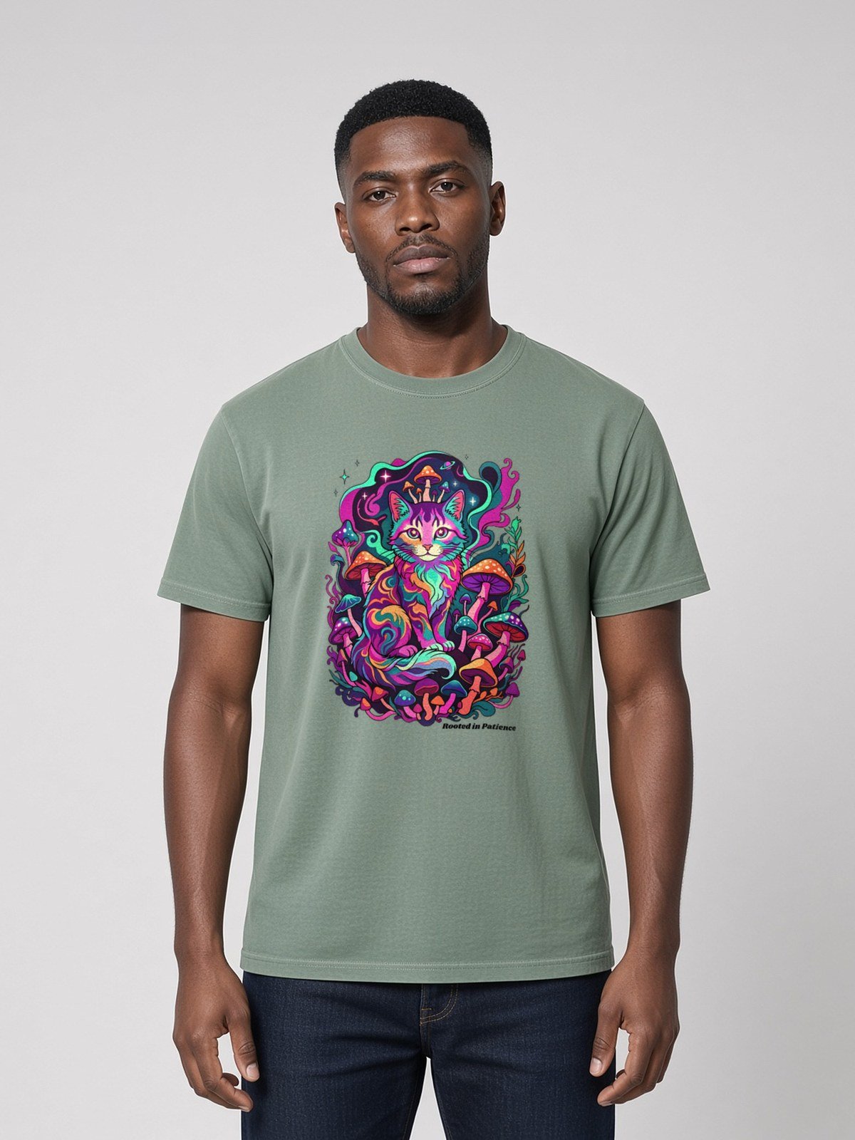 Man wearing the Green Bay Mushroom Guardian garment-dyed tee, front view