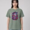 Woman wearing the Green Bay Mushroom Guardian garment-dyed tee, front view