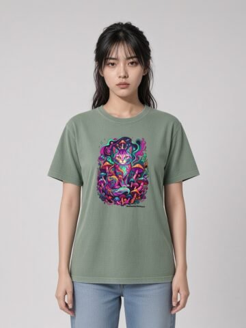 Woman wearing the Green Bay Mushroom Guardian garment-dyed tee, front view