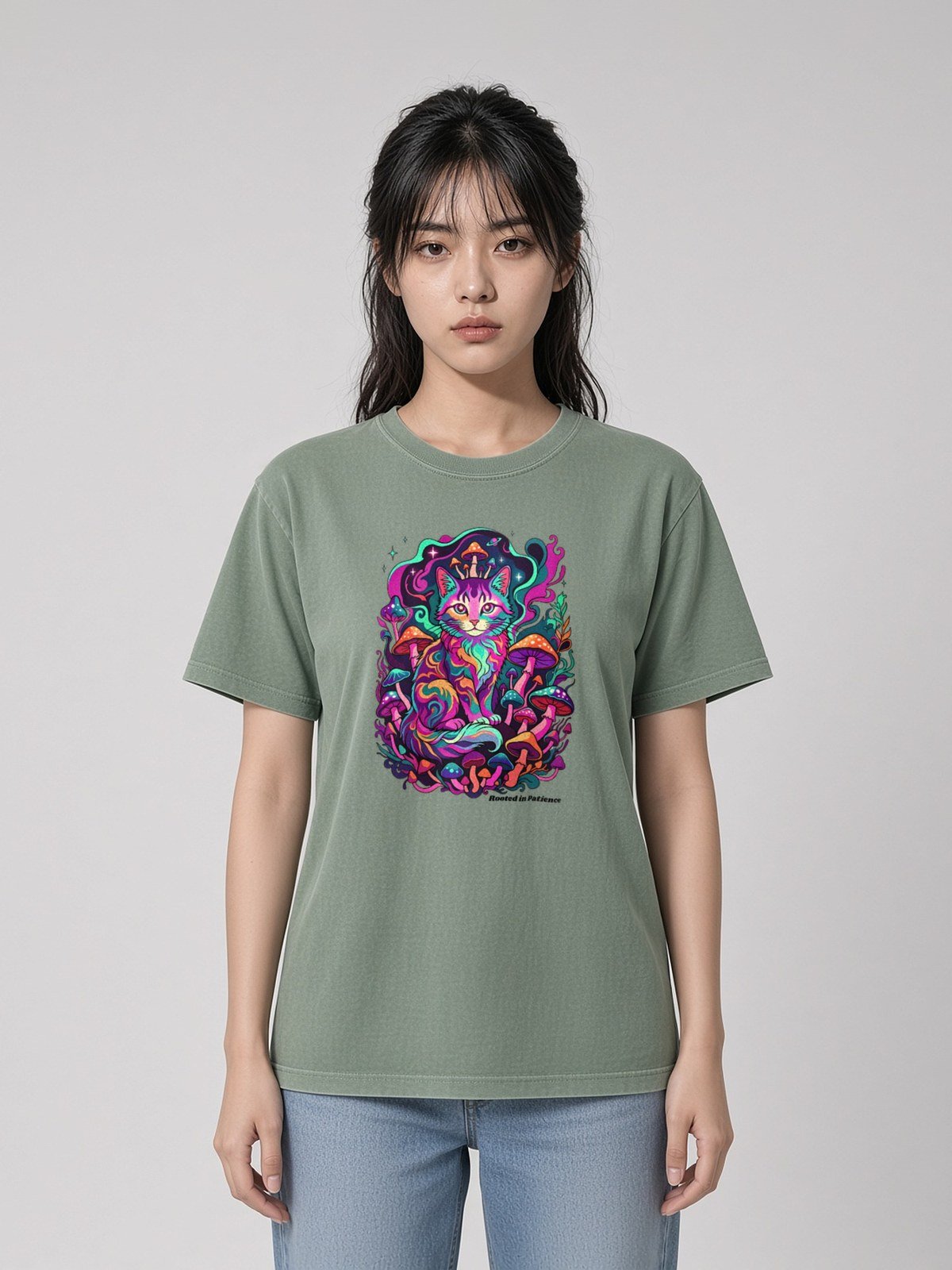 Woman wearing the Green Bay Mushroom Guardian garment-dyed tee, front view