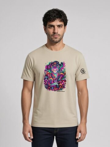 Man wearing the Desert Dust Mushroom Guardian organic cotton tee, front view