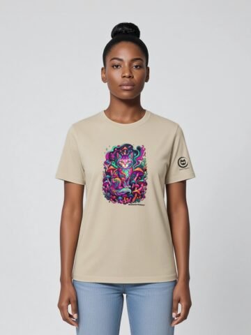 Woman wearing the Desert Dust Mushroom Guardian organic cotton tee, front view