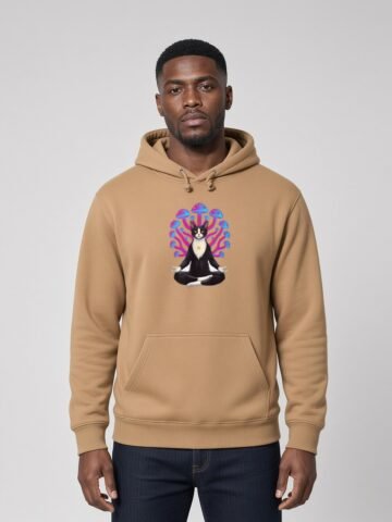 Man wearing the Sandstone Mushroom Meditation heavyweight hoodie, front view