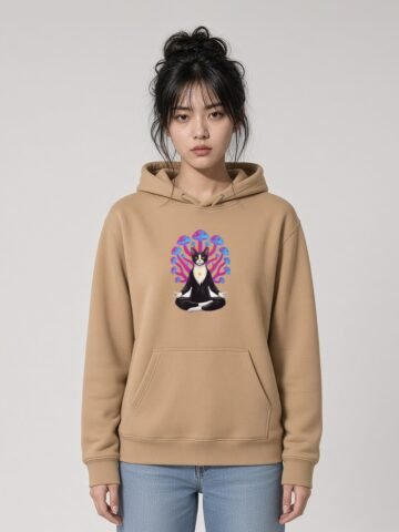 Woman wearing the Sandstone Mushroom Meditation heavyweight hoodie, front view