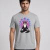 Man wearing the heather grey Mushroom Meditation Organic Mid Tee, Keanu in costume meditating among mushrooms on the front
