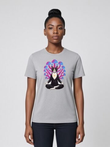 Woman wearing the heather grey Mushroom Meditation Organic Mid Tee, Keanu in costume meditating among mushrooms on the front