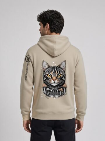 Man wearing the Desert Dust Mushroom Tabby Heavyweight Hoodie, back view