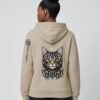Woman wearing the Desert Dust Mushroom Tabby Heavyweight Hoodie, back view
