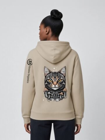 Woman wearing the Desert Dust Mushroom Tabby Heavyweight Hoodie, back view