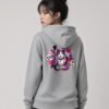 Woman wearing the Heather Grey Neon Heartbreak heavyweight hoodie, back view showing the neon heart design