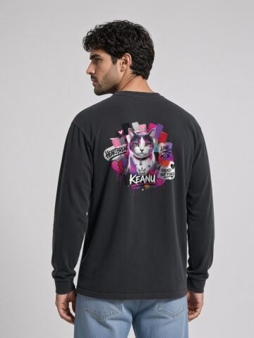 Man wearing the black Neon Heartbreak long-sleeve tee, back view showing the neon heart design