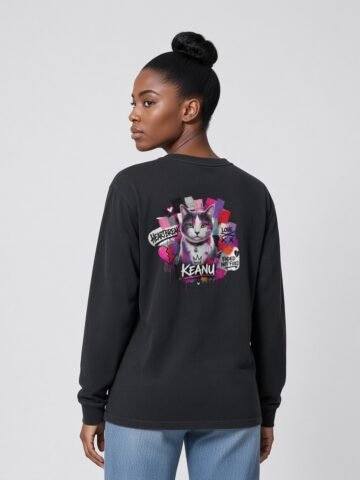 Woman wearing the black Neon Heartbreak long-sleeve tee, back view showing the neon heart design
