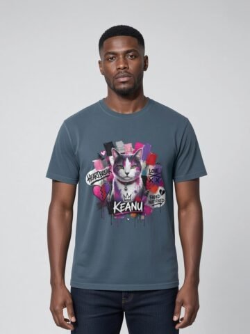 Man wearing the Deep Teal Neon Heartbreak garment-dyed tee, front view showing the neon heart design