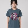 Woman wearing the Deep Teal Neon Heartbreak garment-dyed tee, front view showing the neon heart design