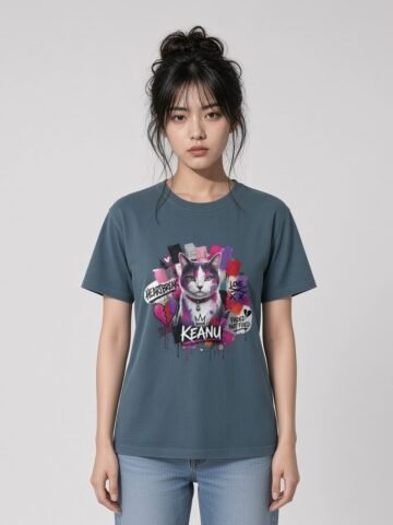 Woman wearing the Deep Teal Neon Heartbreak garment-dyed tee, front view showing the neon heart design