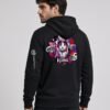 Man wearing the black Neon Heartbreak midweight hoodie with the neon heart design and white sleeve logo