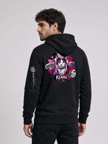Man wearing the black Neon Heartbreak midweight hoodie with the neon heart design and white sleeve logo