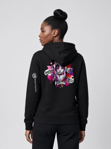 Woman wearing the black Neon Heartbreak midweight hoodie with the neon heart design and white sleeve logo