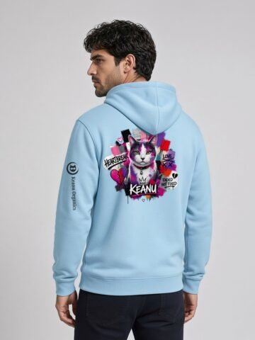 Man wearing the Blue Aqua Neon Heartbreak midweight hoodie with the neon heart design and black sleeve logo