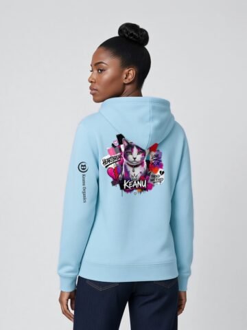 Woman wearing the Blue Aqua Neon Heartbreak midweight hoodie with the neon heart design and black sleeve logo